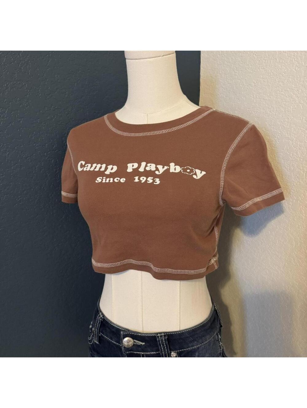 Pacsun x Playboy Brown Contrast Stitch Cropped Tee, XS